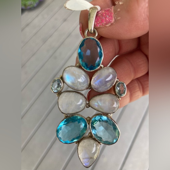 NWT HUGE Gemstone Pendant Rainbow Moonstone Blue Quartz Blue Topaz STERLING - Picture 4 of 9